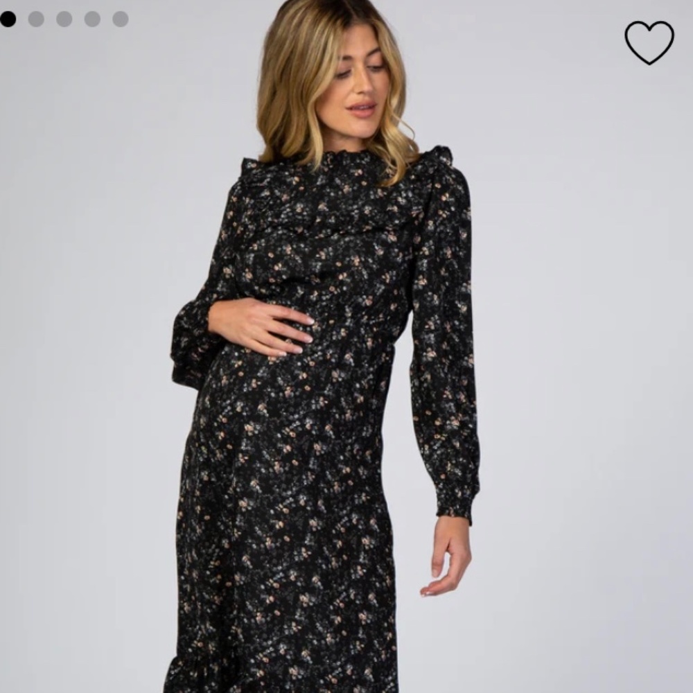 Black Floral Ruffle Long Sleeve Maternity Midi Dress